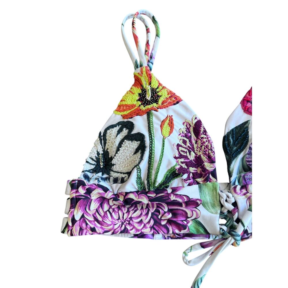 Agua Bendita Floral Embroidered Bikini Set Size L Triangle Tie Side Swimsuit - Picture 4 of 14